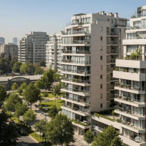 Vista de modernos edificios residenciales cerca de la estación de Metro Ñuble en el Barrio Santa Elena, Santiago de Chile, destacando la conectividad urbana y la vida moderna.