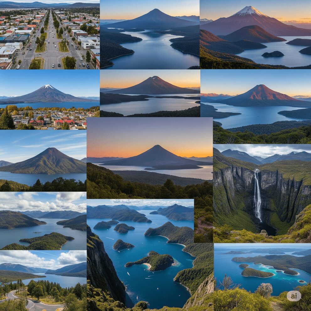 Collage de paisajes de la Zona Sur de Chile: ciudades del Biobío, lagos y volcanes de La Araucanía, y fiordos y archipiélagos de Los Lagos, destacando su belleza natural y potencial inmobiliario.