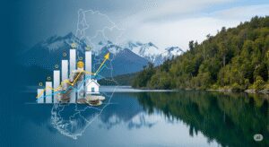 Imagen que representa el mercado inmobiliario de Chile en 2025, combinando elementos financieros y el paisaje natural del sur de Chile para ilustrar el artículo sobre créditos hipotecarios y la venta de parcelas.