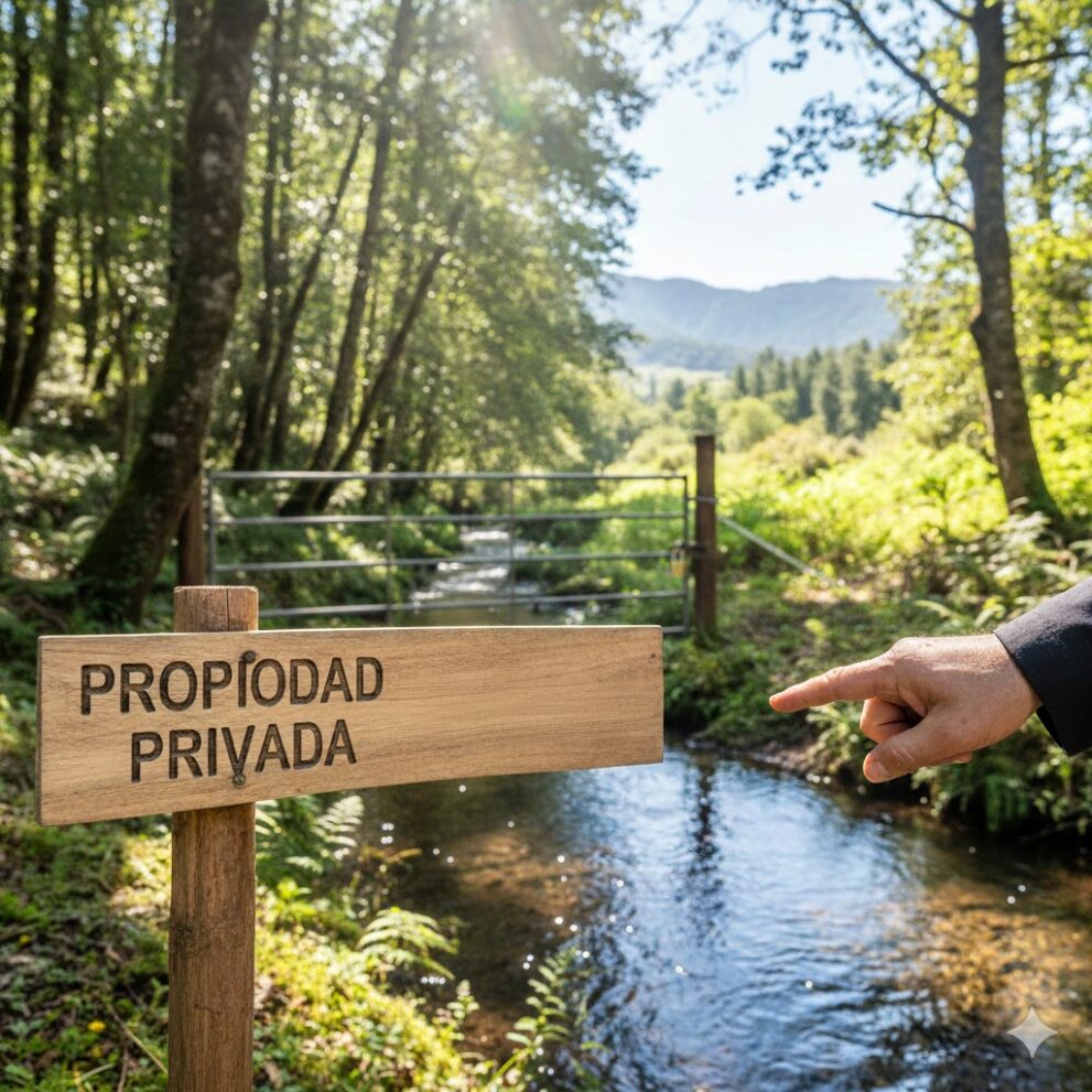 aisaje natural en la Región del Maule con un letrero de madera que indica Propiedad Privada junto a una vertiente de agua cristalina.