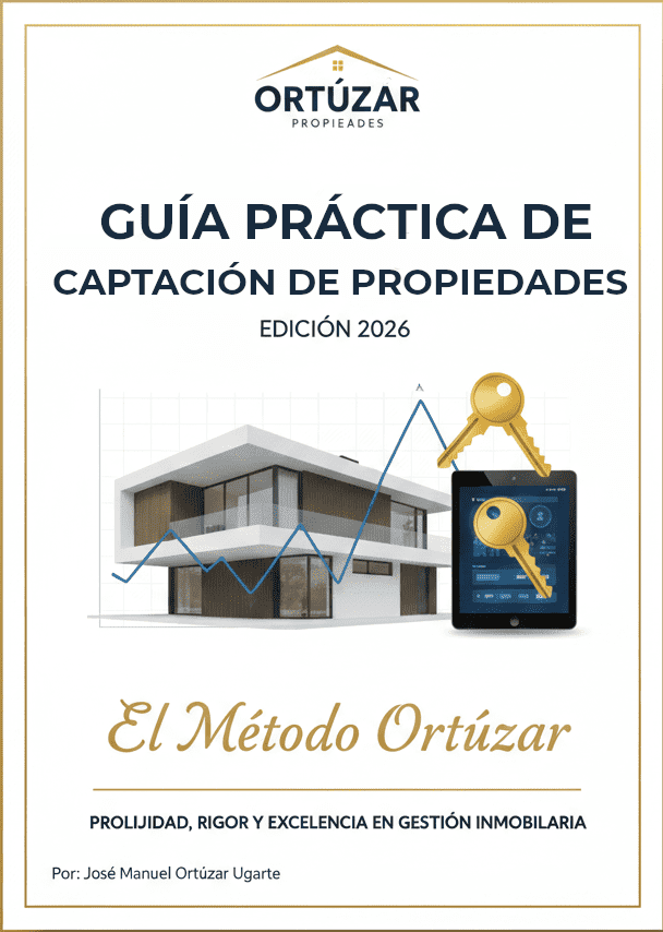 Portada de la 'Guía Práctica de Captación de Propiedades Edición 2026', parte de El Método Ortúzar. La imagen muestra una casa moderna, un gráfico de crecimiento, una tableta y llaves, bajo el lema: Prolijidad, rigor y excelencia en gestión inmobiliaria, por José Manuel Ortúzar Ugarte.