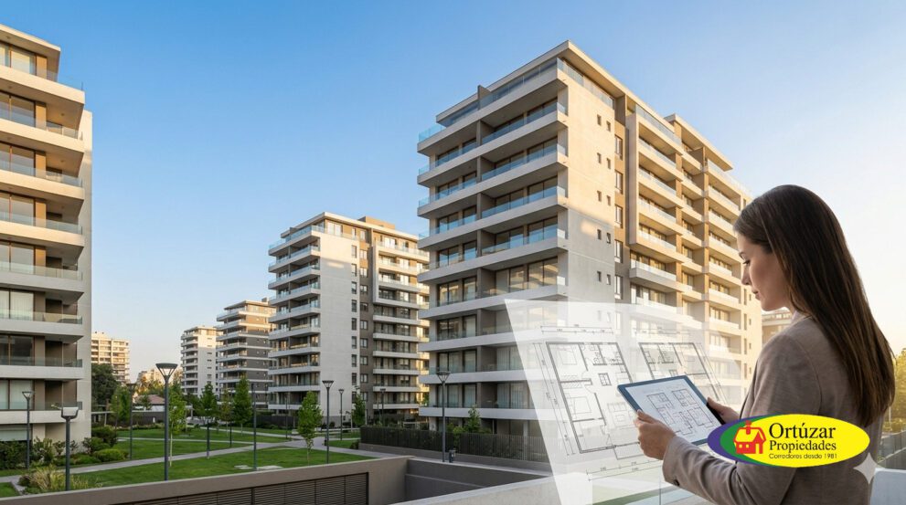 Edificios modernos en Chile con planos de arquitectura, representando la reducción de precios.