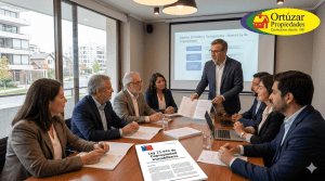 Reunión de copropietarios y administrador de edificio en Santiago de Chile analizando la Ley de Copropiedad Inmobiliaria.