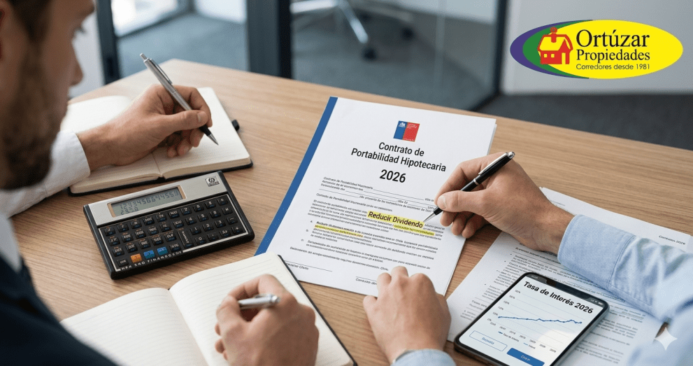Persona analizando documentos de portabilidad hipotecaria y calculadora financiera para reducir dividendo en Chile 2026.