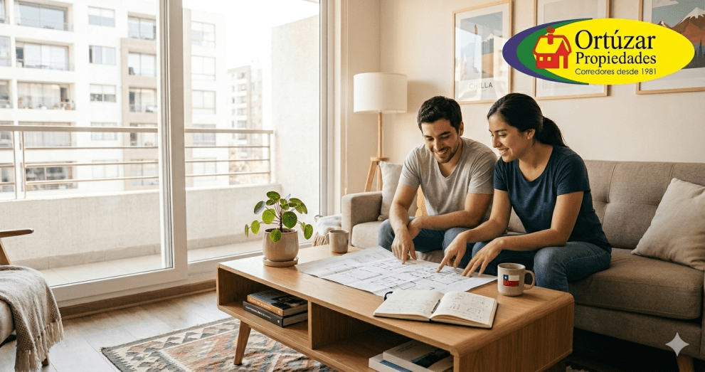 Pareja joven revisando planos de su primera vivienda utilizando el subsidio habitacional DS1.