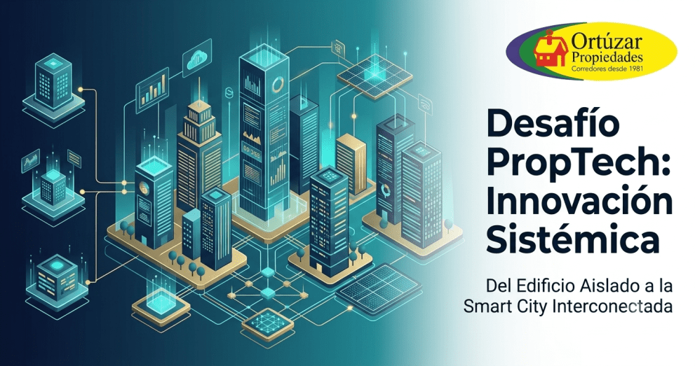 Representación isométrica de edificios inteligentes conectados en una red digital urbana, simbolizando la integración sistémica y Smart City