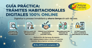 Imagen que ilustra la guía práctica de Ortúzar Propiedades para realizar trámites habitacionales 100% online, mostrando iconos de procesos digitales y el logo de Ortúzar Propiedades en la esquina superior derecha.