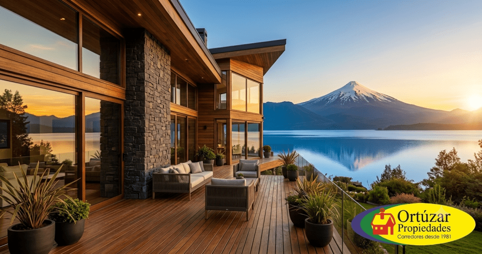 Terraza de propiedad de lujo frente al lago Villarrica con vista al volcán y logo de Ortúzar Propiedades