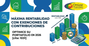 Gráfico de barras mostrando el incremento de rentabilidad inmobiliaria en 2026 mediante la aplicación de exenciones de contribuciones, con calculadora y monedas como símbolos de optimización financiera de Ortúzar.