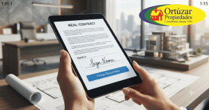 Manos sosteniendo una tablet con un contrato inmobiliario digital abierto y la opción de firma electrónica visible, con el logo de Ortúzar Propiedades en la esquina superior derecha.