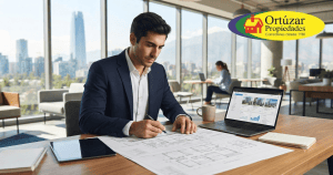 Persona analizando planos de vivienda en un entorno urbano moderno con luz natural.