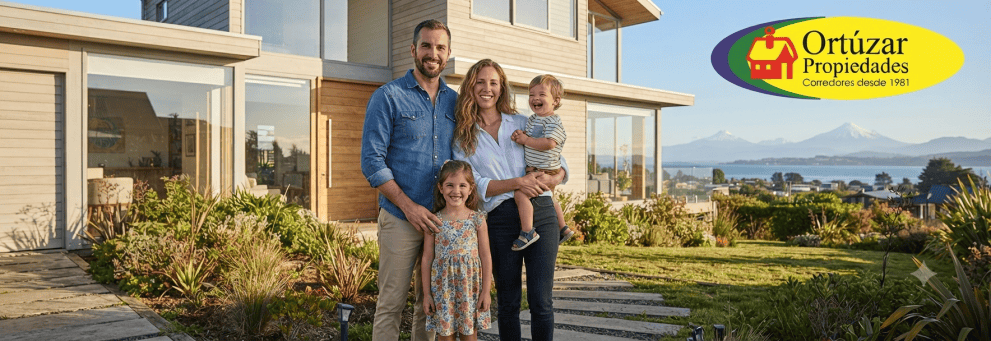 Familia joven feliz (padre, madre, dos hijos) frente a una casa moderna con vista a lagos y volcanes de Chile. Logo de Ortúzar Propiedades en la esquina superior derecha. Subsidio de Arriendo 2026.