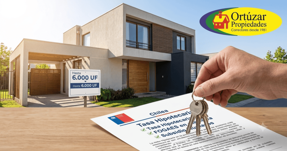 Gráfica profesional de análisis inmobiliario sobre la extensión de créditos hipotecarios y FOGAES en Chile.